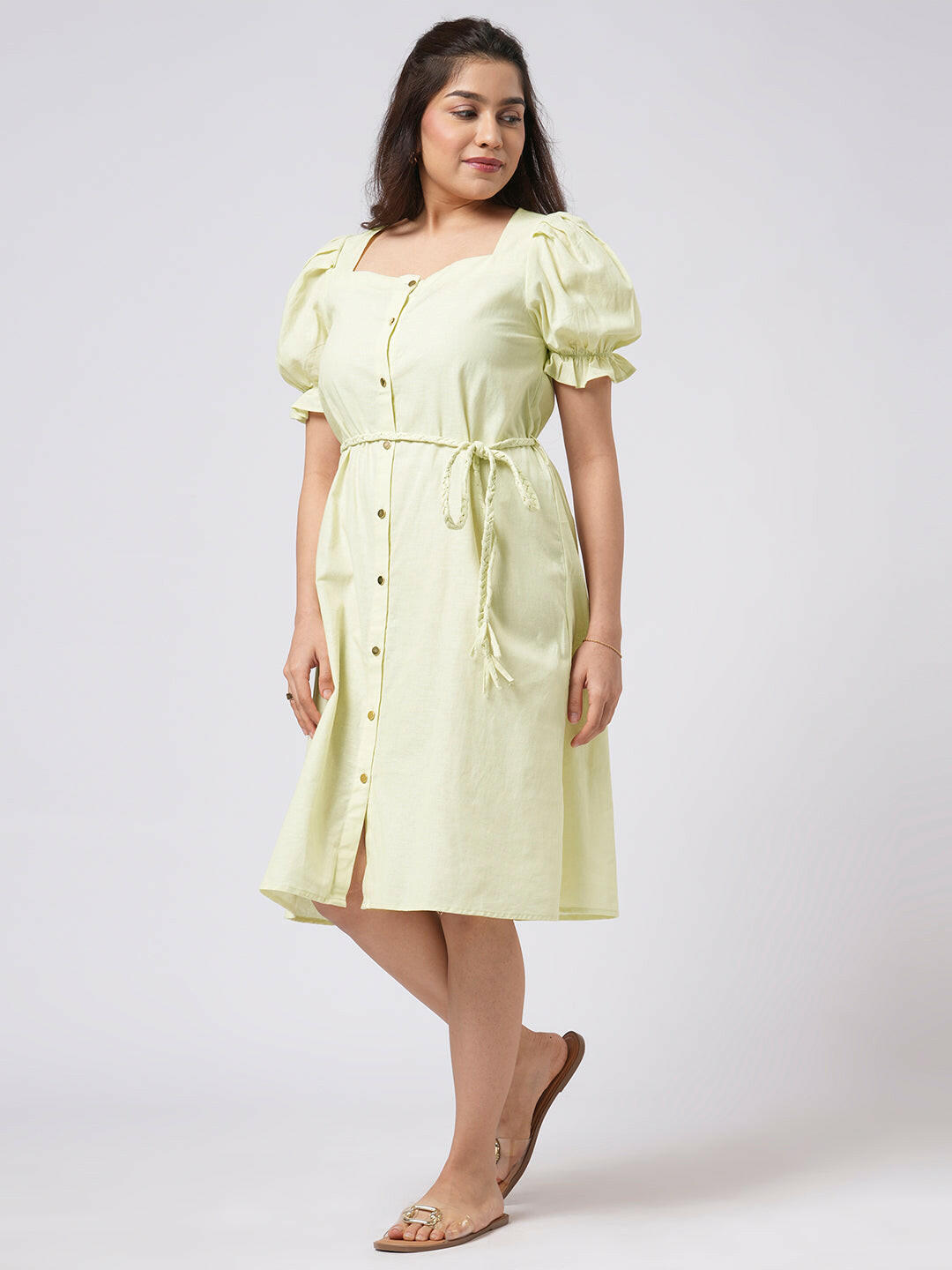 Linen Blend Puff Sleeve Dress.